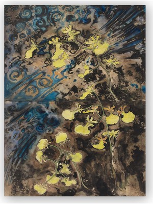 Caka Tablo   Ahşap Tablo Eski Mavi Zemin Üzerinde Sarı Çiçekler