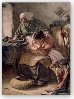 Caka Tablo   Ahşap Tablo İhtiyar ve Hasta Kızı Yağlıboya