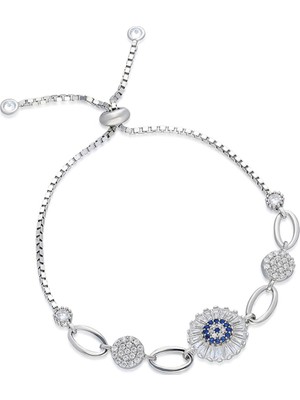 Nereze 925 Ayar Asansörlü Baget Taşlı Nazar Bileklik Kadın Gümüş Bileklik