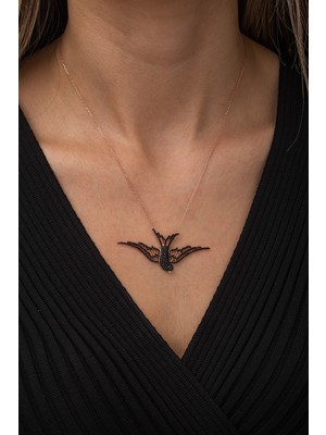 Nereze 925 Ayar Siyah Taşlı Anka Kuşu Kolye Kadın Gümüş Kolye