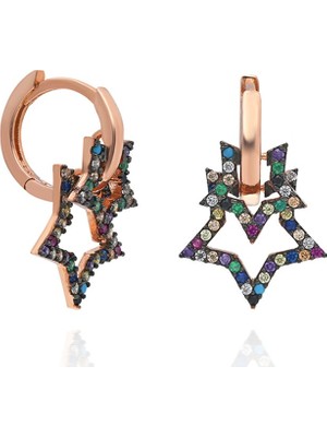 Nereze 925 Ayar Mix Taşlı Çift Yıldız Kadın Gümüş Küpe