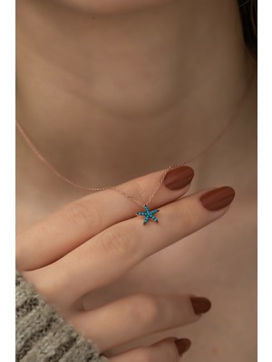 Nereze 925 Ayar Turkuaz Minik Deniz Yıldızı Kolye Kadın Gümüş Kolye