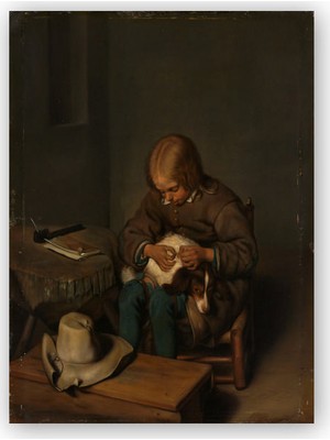 Caka Tablo   Ahşap Tablo Köpeğinin Bitlerini Ayıklayan Çocuk