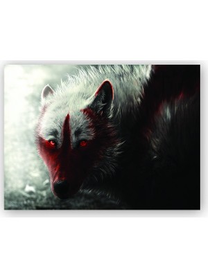 Caka Tablo   Ahşap Tablo Kızıl Beyaz Kurt Görseli