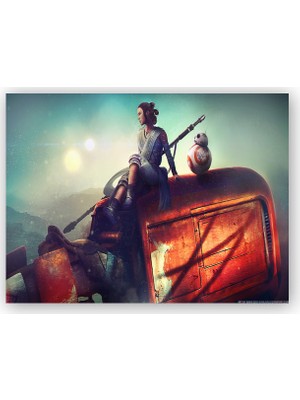 Caka Tablo   Ahşap Tablo Star Wars Rey ve BB-8