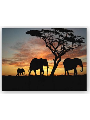 Caka Tablo   Ahşap Tablo Afrika Günbatımı'nda Filler