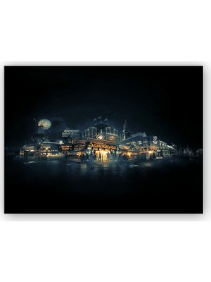 Caka Tablo   Ahşap Tablo Amsterdam Gece Manzarası Kompozisyon
