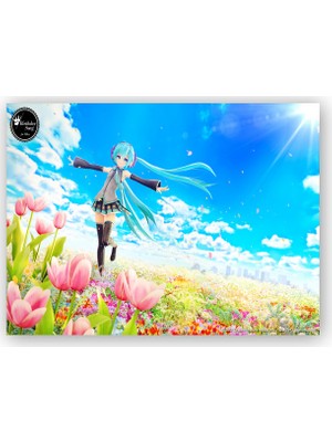 Caka Tablo   Ahşap Tablo Anime Kız Bulutlu Gökler ve Laleler