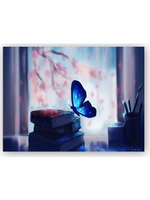 Caka Tablo   Ahşap Tablo Kitaplar ve Mavi Kelebek