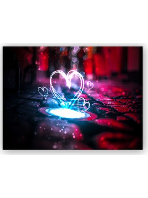 Caka Tablo   Ahşap Tablo Neon Işıklı Kalpler