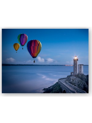 Caka Tablo   Ahşap Tablo Okyanus Deniz Feneri ve Sıcak Hava Balonları