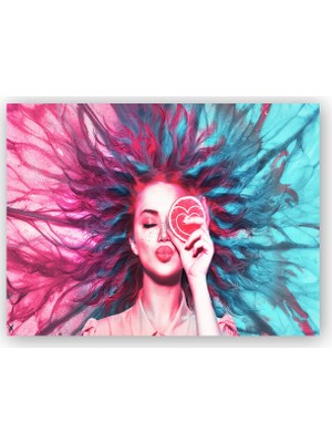 Caka Tablo   Ahşap Tablo Renkli Saçlı Kız ve Kalpli Greyfurt Dilimi