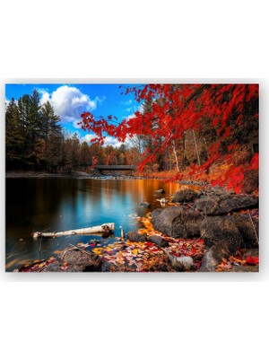 Caka Tablo   Ahşap Tablo Sonbaharda Göl ve Yapraklar