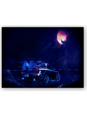 Caka Tablo   Ahşap Tablo Dolunay Kurt ve Spor Araba Neon Işıklı