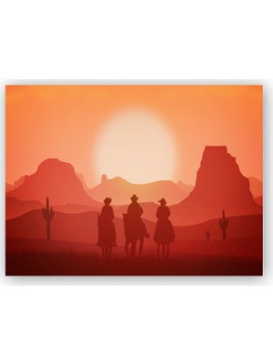 Caka Tablo   Ahşap Tablo Günbatımında 3 Kovboy ve Dağlar