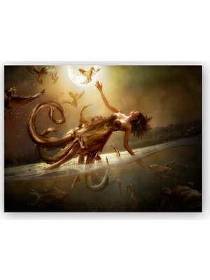 Caka Tablo   Ahşap Tablo Güneş, Kuşlar, Su ve Fantastik Kadın