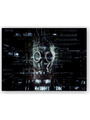 Caka Tablo   Ahşap Tablo Gaz Maskesi ve Semboller Siyah Arkaplan