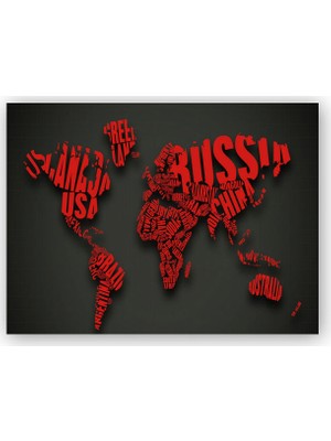 Caka Tablo   Ahşap Tablo Siyah Zemin Kırmızı Dünya Haritası ve Ülke İsimleri