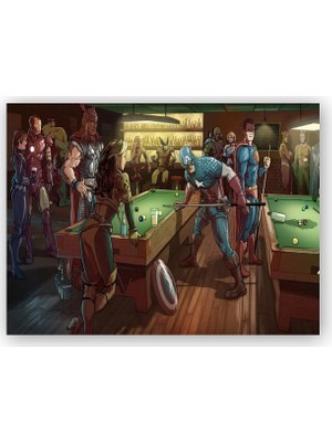 Caka Tablo   Ahşap Tablo Süper Kahramanlar Bilardo Salonunda