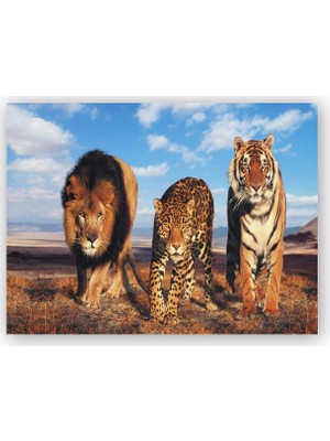 Caka Tablo   Ahşap Tablo Aslan Leopar ve Kaplan Kompozisyon