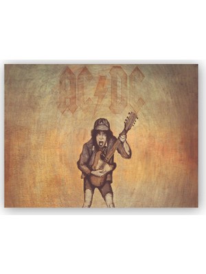 Caka Tablo   Ahşap Tablo ACDC Angus Young Gitarist Karakalem
