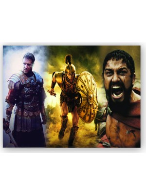 Caka Tablo   Ahşap Tablo Gladyatör Troy ve 300 Spartalı Kompozisyon