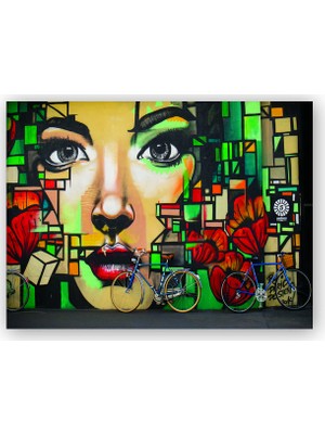 Caka Tablo   Ahşap Tablo Duvar Boyama Kadın Portre ve Bisikletler