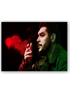 Caka Tablo   Ahşap Tablo Che Guevara Puro İçiyor Siyah Arkaplan
