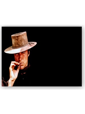 Caka Tablo   Ahşap Tablo Clint Eastwood Karanlık Arkaplan Şapkalı Sigaralı