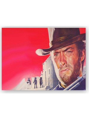 Caka Tablo   Ahşap Tablo Clint Eastwood ve Amigolar Kırmızı Arkaplan