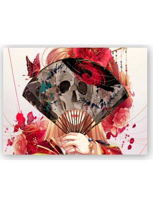 Caka Tablo   Ahşap Tablo Kadın Yelpaze Kurukafa ve Kelebek