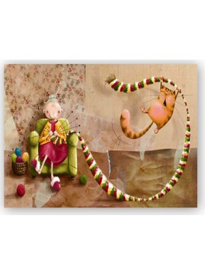 Caka Tablo   Ahşap Tablo Atkı Ören Yaşlı Kadın ve Oynayan Kedisi