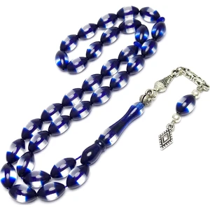 Midyat Nurtaş Gümüş Mavi Renk Sürmeli Toz Kehribar Tesbih