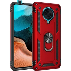 Xiaomi Poco F2 Pro Kılıf Tank Koruma Vega Standlı Yüzüklü Mıknatıslı Kırmızı