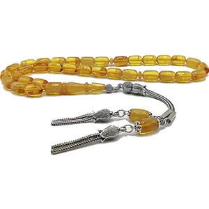 Vip Kehribar 7x11 mm Kapsül Kesim Bal Rengi Ateşi Kehribar Tesbih Süpürge Püsküllü Tesbih