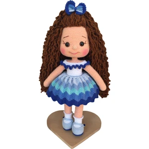 Simay Store Amigurumi Örgü Oyuncak Mavi Kıvırcık Saçlı Bebek 35 cm