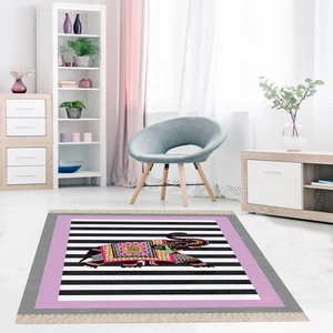 Bona Fortuna Fil Desenli Etnik Dijital Baskı Yıkanabilir Modern Salon Filli Halı ve Yolluk (Lila)