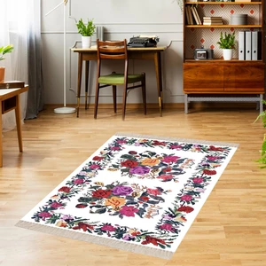 Bona Fortuna Otantik Gül Desenli Etnik Dijital Baskı Kaymaz Taban Yıkanabilir Modern Salon Halı ve Yolluk (Beyaz)