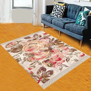 Bona Fortuna Patchwork Gül Desenli Dijital Baskı Yıkanabilir Kaymaz Taban Bej Modern Salon Halı