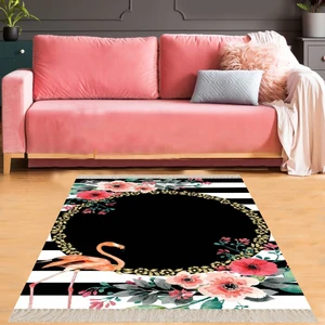 Bona Fortuna Flamingo Çiçek Desenli Çerçeveli Dijital Baskı Yıkanabilir Kaymaz Taban Modern Salon Halısı