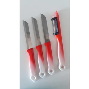3 Adet Ebruli Kırmızı Meyve Bıçağı ve 1 Adet Delik Saplı Yan Soyacak Seti