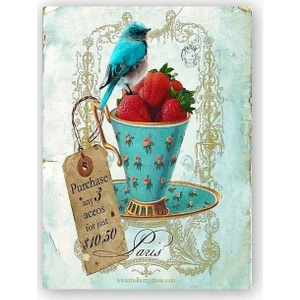 Caka Tablo   Ahşap Tablo Fincanda Çilekler ve Kuş Vintage