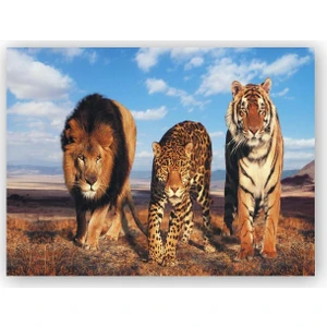 Caka Tablo   Ahşap Tablo Aslan Leopar ve Kaplan Kompozisyon