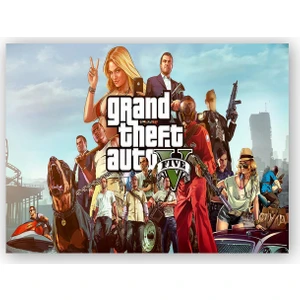 Caka Tablo   Ahşap Tablo GTA 5 Oyun Posteri Tüm Karakterler