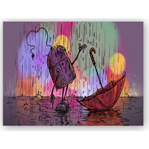 Caka Tablo   Ahşap Tablo Robot Yağmur ve Şemsiye