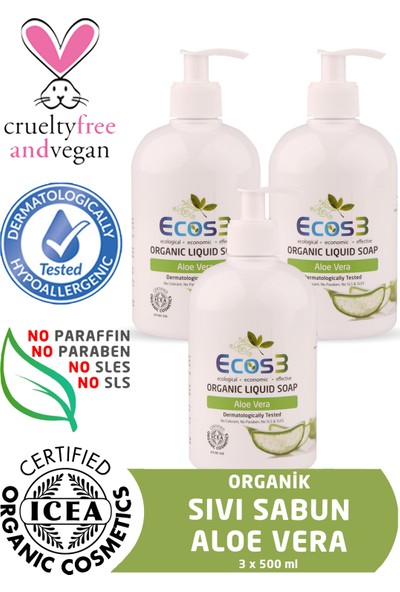 Ecos3 Organik Sıvı Sabun Aloevera 3'lü Set (3 X 500 Ml)
