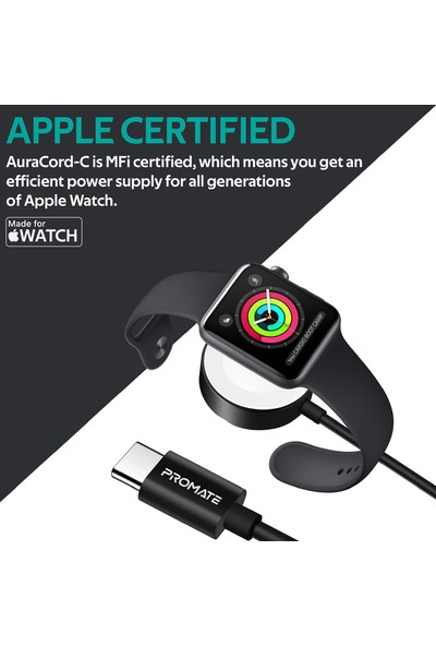 Promate Auracord-C Kablosuz Şarj Cihazı Apple Watch Uyumlu İçin Özel MFI Onaylı 5 Watt Type-C Bağlantılı