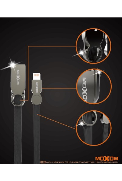 Moxom Metal Başlıklı Iphone Lightning Ios Şarj Data Kablosu Siyah