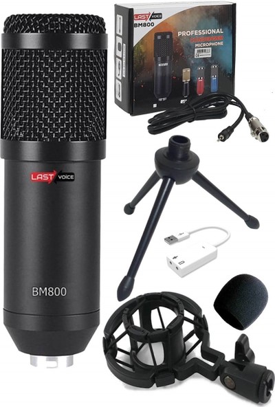 Lastvoice BM800 + 7.1 Ses Kartı Full Black Condenser Youtuber Mikrofon
