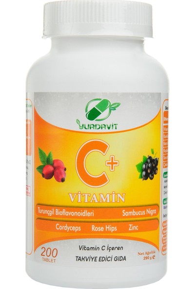 Yurdavit Vitamin C 1000 Mg C Vitamini Kuşburnu Kara Mürver Çinko Kordiseps Turunçgil 3 Adet 200 Tablet